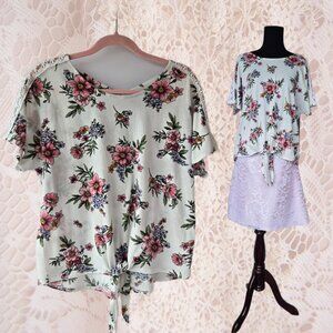 IZ Byer Boxy Floral Wild Rose Bouquet Print Lace-Up Style Feminine Blouse Fairy